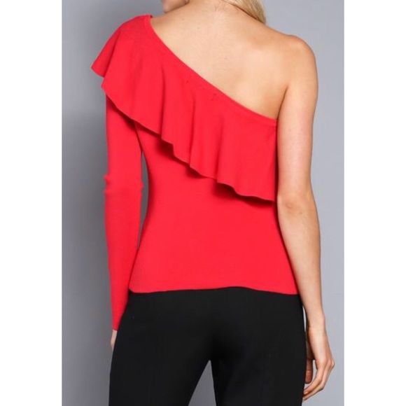 Red One Shoulder Ruffle Sweater - Picture 2 of 2